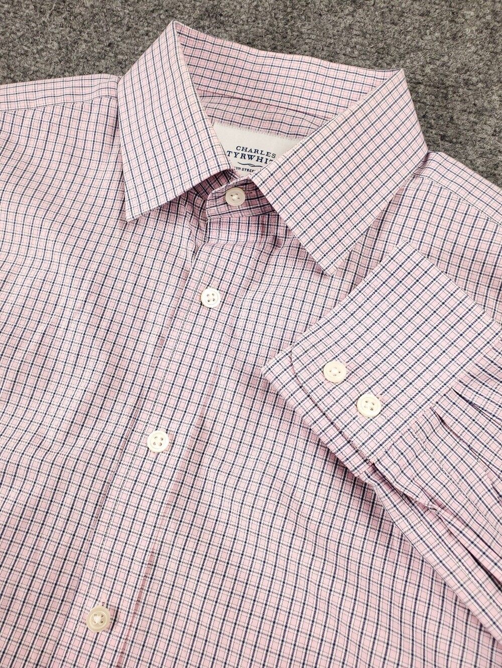 Charles Tyrwhitt Dress Shirt 16.5 35 Pink Navy Grid Check Spread Collar Cotton
